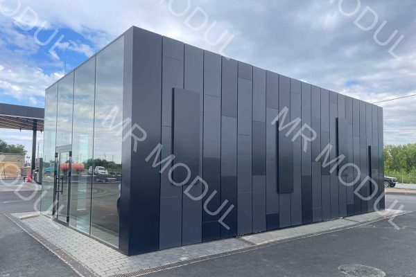 Быстровозводимое здание АЗС с панорамным остеклением вид 4 фото сзади артикул 600150