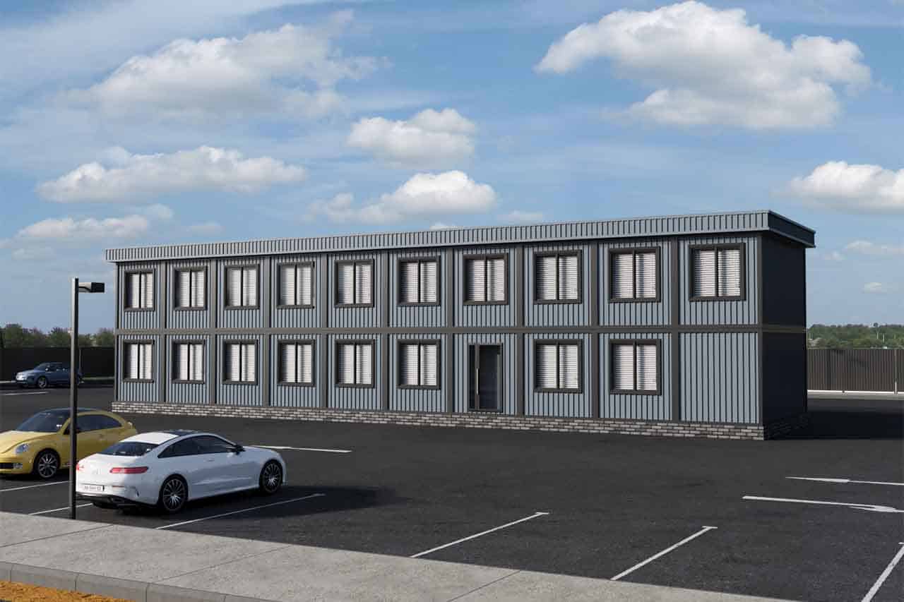 Модульное офисное здание 576 м2 артикул МОЗ 1 - 576 фасад вид 1