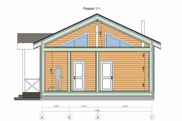 Разрез 1-1 дома барнхаус БД-11-96